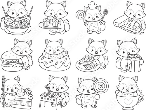Coloring pages of Cute set of Fox sticker with activity. Outline of Fox with variation of activity