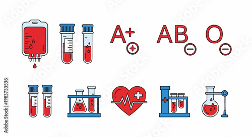 Flat lay illustration of various blood type icons and medical equipment on a white background with a health and medical theme.