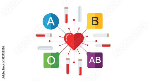 Infographic illustration of blood types and a heart with test tubes and labels on a white background.