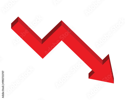 3D Red Downward Arrow Vector Graphic Representing Financial Loss, Stock Market Crash, Economic Recession, Business Trend Decline, Negative Growth, Failing Performance, and Falling Prices Concept.
