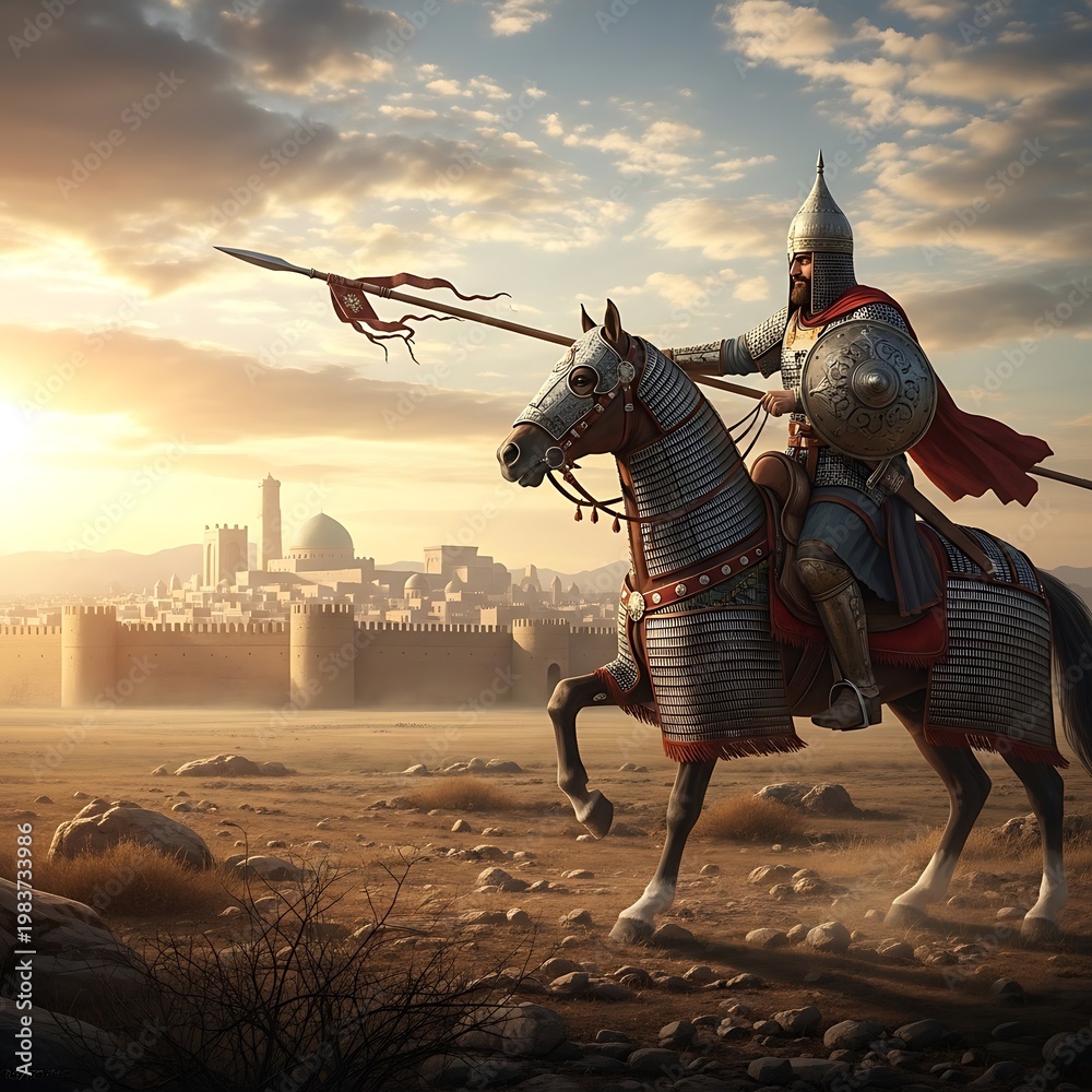 Naklejka premium Medieval Knight on Horseback Charging Towards Jerusalem at Sunrise.