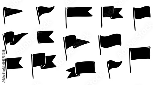 Collection of hand drawn black flag vector illustrations featuring various shapes and styles for creative graphic design and marker projects