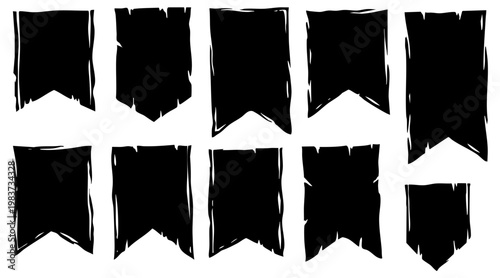 Collection of ten distressed black banner vector graphic elements with rough edges, perfect for design projects and grunge aesthetics.