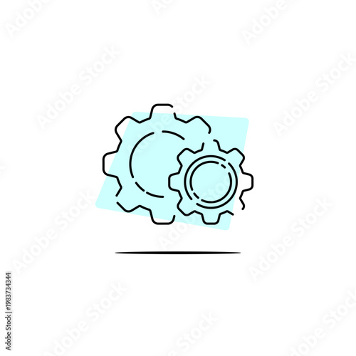 A minimalist line art illustration of two interlocking gears, a large and small cog meshing together, with a soft teal angular spot color backdrop.