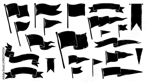 Collection of hand drawn black flag and ribbon vector illustrations representing various shapes for diverse branding and creative design projects