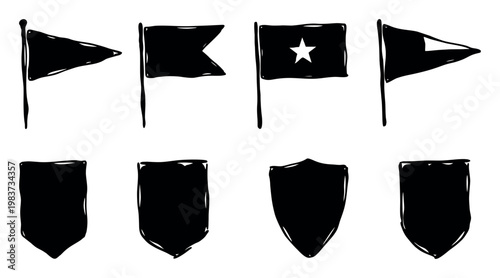 Hand drawn collection of vector flag and shield shapes isolated on white background for creative design and marker illustration work