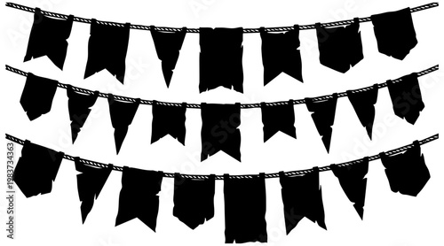 Decorative vector illustration featuring three strands of distressed black pennant banners, perfect for festive graphic design and party backgrounds.