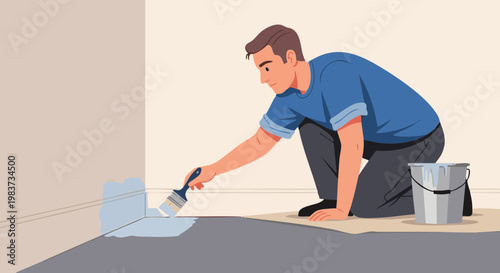 Man painting floor edges with paintbrush during home renovation. Vector illustration