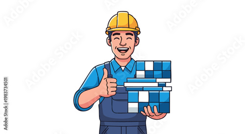 Smiling builder holding tiles giving thumbs up approval gesture