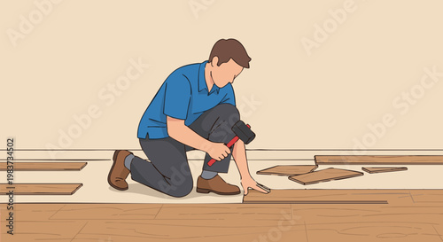 Man installing laminate wood flooring with rubber mallet. Home improvement and renovation concept illustration