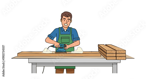 Smiling carpenter sanding wooden plank with power tool in workshop. Vector illustration of man working with wood