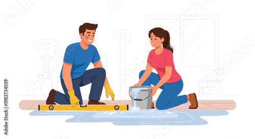 Smiling young couple leveling floor together during home renovation