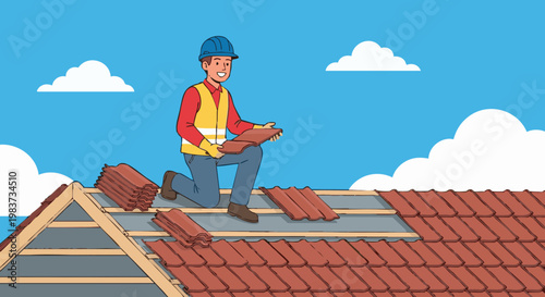 Smiling roofer installing new roof tiles on house construction site