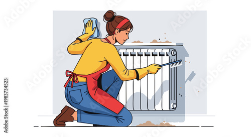 Woman in gloves and apron cleaning dusty radiator with brush