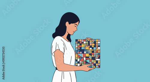 Woman holding colorful abstract mosaic art panel