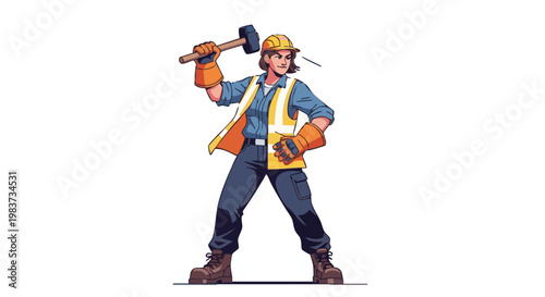 Confident woman construction worker in safety gear holding sledgehammer vector illustration