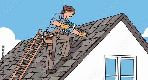 Skilled handywoman with tool belt fixing roof on sunny day