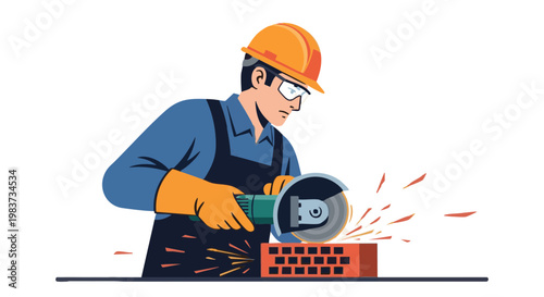 Construction worker in safety gear cutting brick with power grinder tool