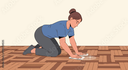 Woman kneeling and polishing wooden parquet floor by hand. Vector illustration of domestic chore