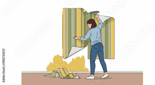 Woman removing old striped wallpaper from wall. Home renovation and DIY project concept. Vector illustration