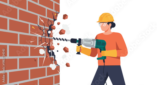 Construction worker with power drill demolishing red brick wall. Vector illustration