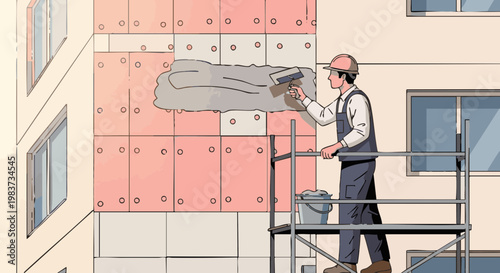 Worker on scaffolding plastering exterior wall. Man applying stucco over thermal insulation panels for building renovation