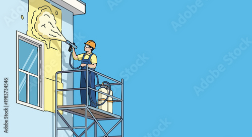 Worker on scaffolding spraying foam insulation on building exterior