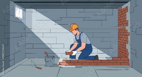 Bricklayer in hard hat laying red bricks in cellar illustration