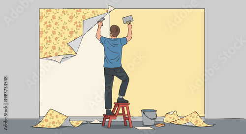 Worker scraping old wallpaper from wall. Home improvement vector illustration