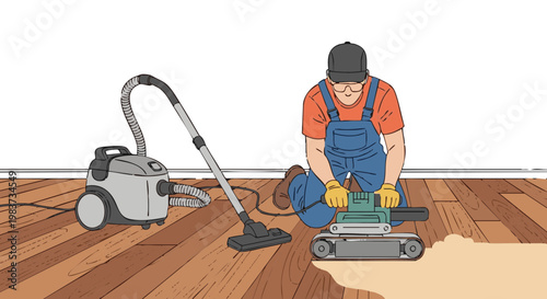 Worker sanding wooden parquet floor with belt sander and vacuum