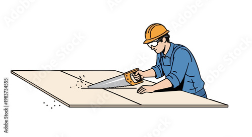 Construction worker in hard hat cutting drywall with hand saw. Illustration of man at work