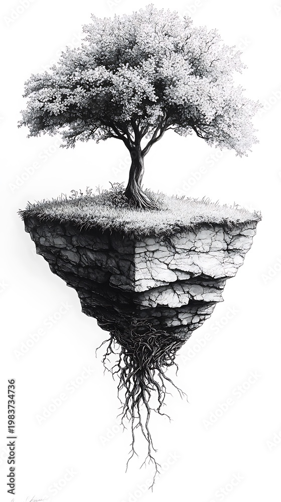 Fototapeta premium Pine tree silhouette with intricate branches and visible roots against white background, tree roots