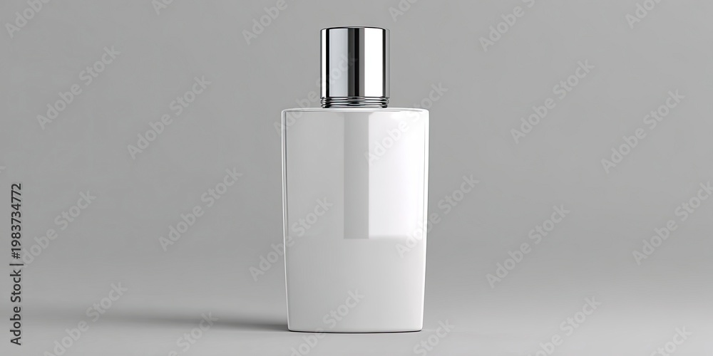 Fototapeta premium White Perfume Bottle with Silver Cap Standing on Gray Surface