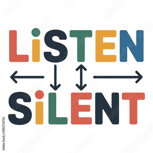 Εκτύπωση καμβά Listen and silent anagram words with arrows isolated on white background