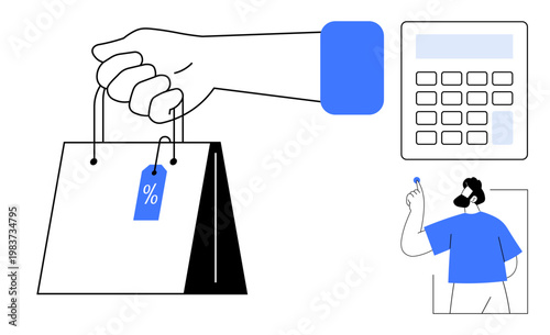 Retail marketing, sales promotion, e-commerce, budgeting, shopping discounts, financial savings. A hand holds a shopping bag with a discount tag, while a calculator and a customer are . Retail