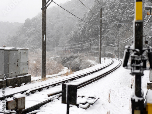 雪が積もる能勢電鉄妙見線の風景
