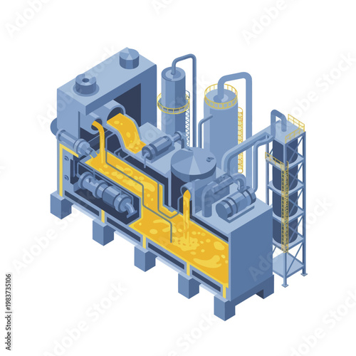 Isometric illustration of a continuous casting machine in a steel mill.