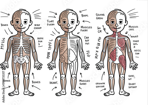 Educational anatomy charts showing human skeletal system and muscular structure for children science learning classroom studies