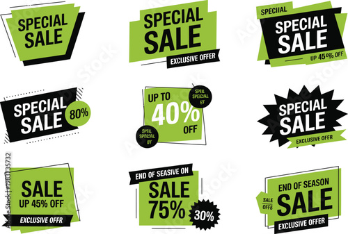 Set of green and black promotional labels for special sale events and retail discount marketing campaigns