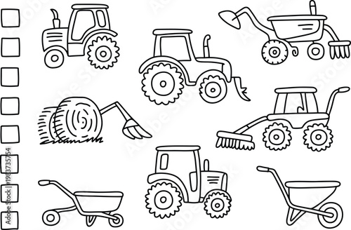 Hand drawn collection of farm tractors and gardening wheelbarrows for agricultural equipment and farming activities