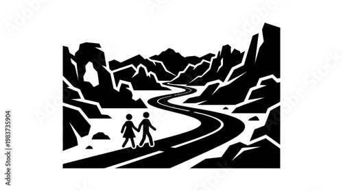Couple Walking on Road Through Mountain Landscape