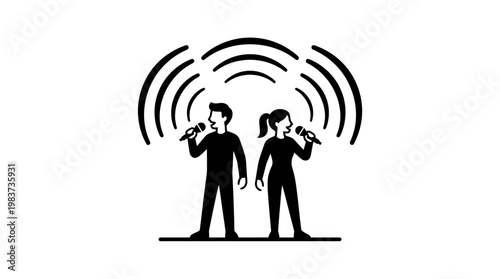 People Singing or Speaking into Microphones with Sound Waves
