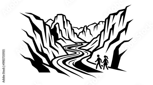 Black and White River Canyon Scene with People