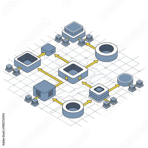 Isometric Network Diagram with Connected Nodes and Data Flow.