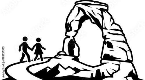 Couple Hiking Towards Delicate Arch in Black and White