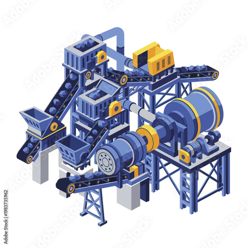 Isometric Mining and Ore Processing Plant Illustration.