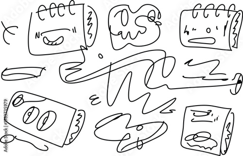 Hand drawn doodle set featuring whimsical notebooks and various messy scribble lines for creative decoration projects