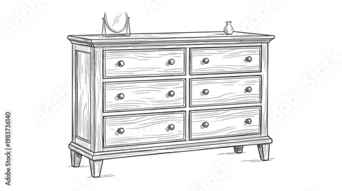 Detailed Pencil Sketch of a Dresser with a Mirror and Decorative Vase