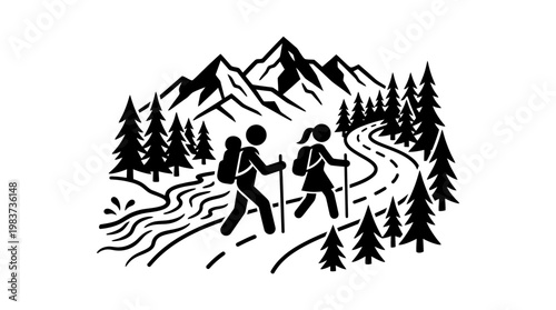 Hikers Enjoying a Mountain Trail on a Sunny Day
