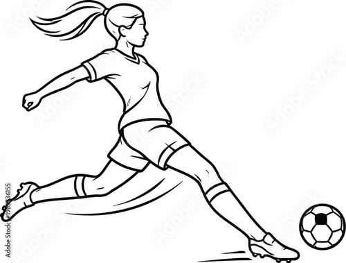 Female soccer player kicking ball vector, athletic woman playing football line art, minimalist sports illustration